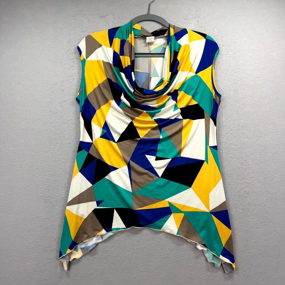 Jennie & Marlis Blouse Top Womens L Multi Geometric Stretch Sleeveless Cowl Neck